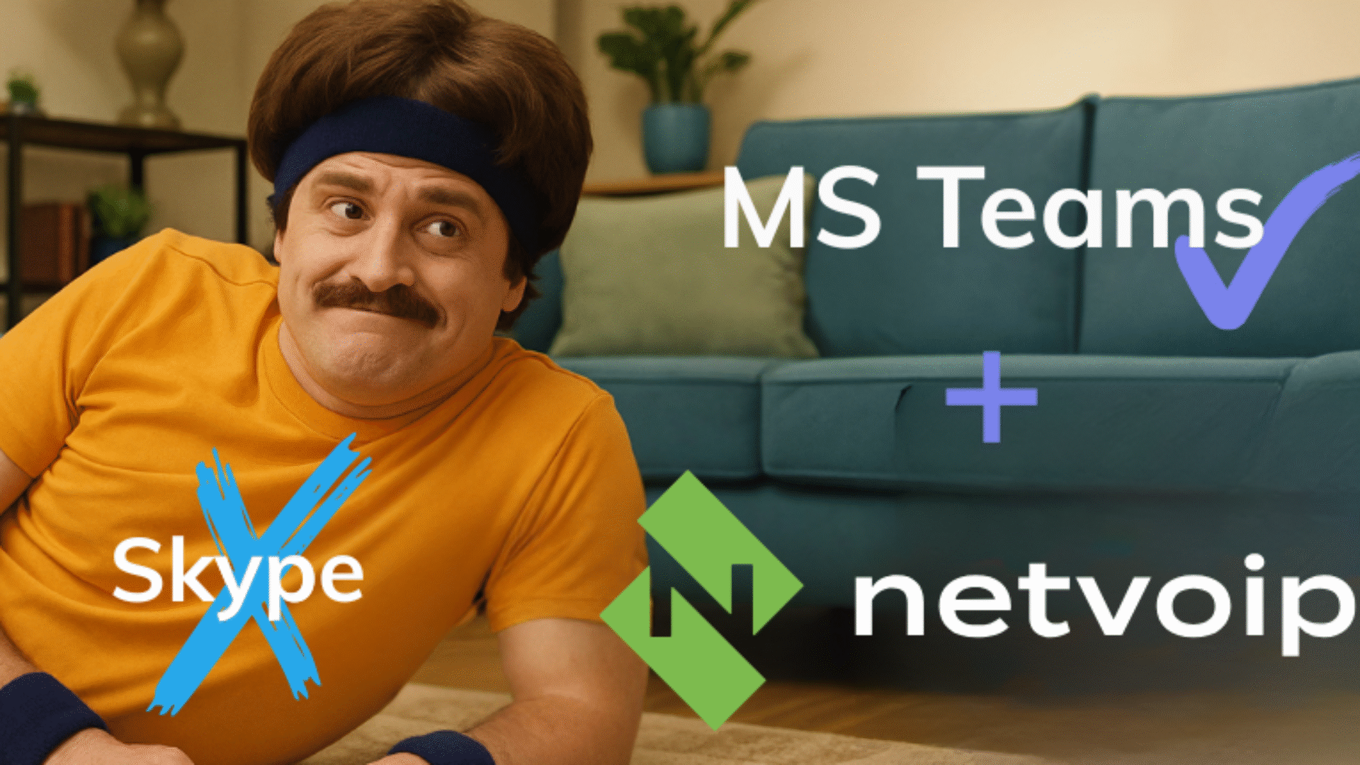 Ein Mann im Retro-Look liegt auf dem Boden und schaut skeptisch auf digitale Symbole: Das netvoip-Logo ist als Puzzle-Teil dargestellt, daneben die Logos von Microsoft Teams und Skype