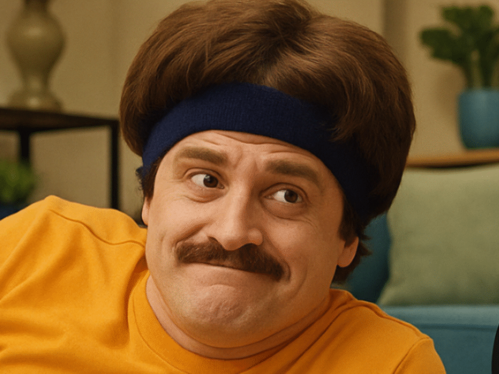 Ein Mann im Retro-Look liegt auf dem Boden und schaut skeptisch.